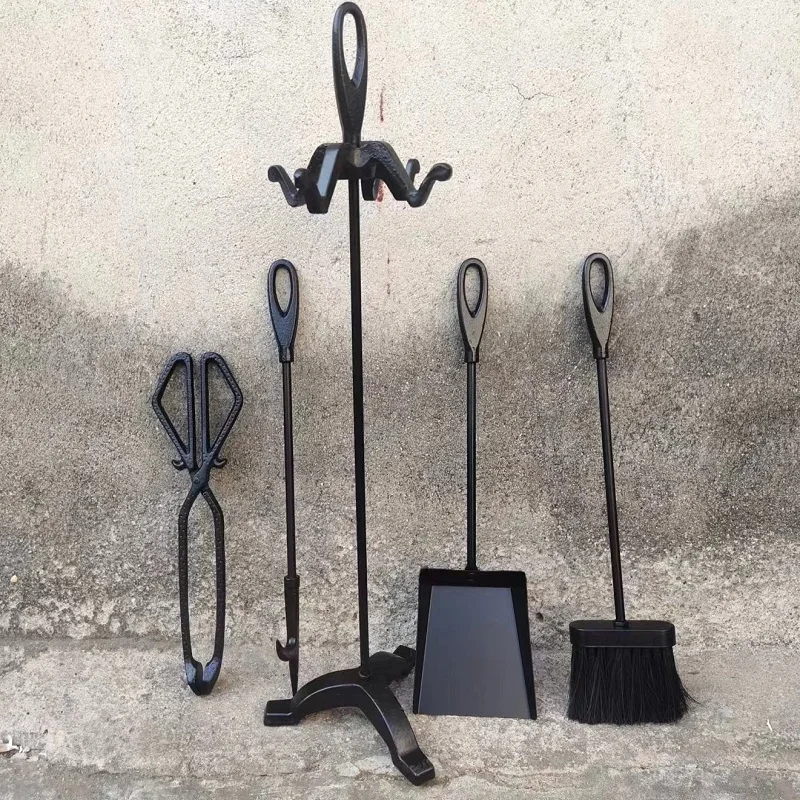 Fireplace ash removal tool set Cast iron stove accessories Fire hook Fire tongs rack Baking stove Cleaning broom Shovel