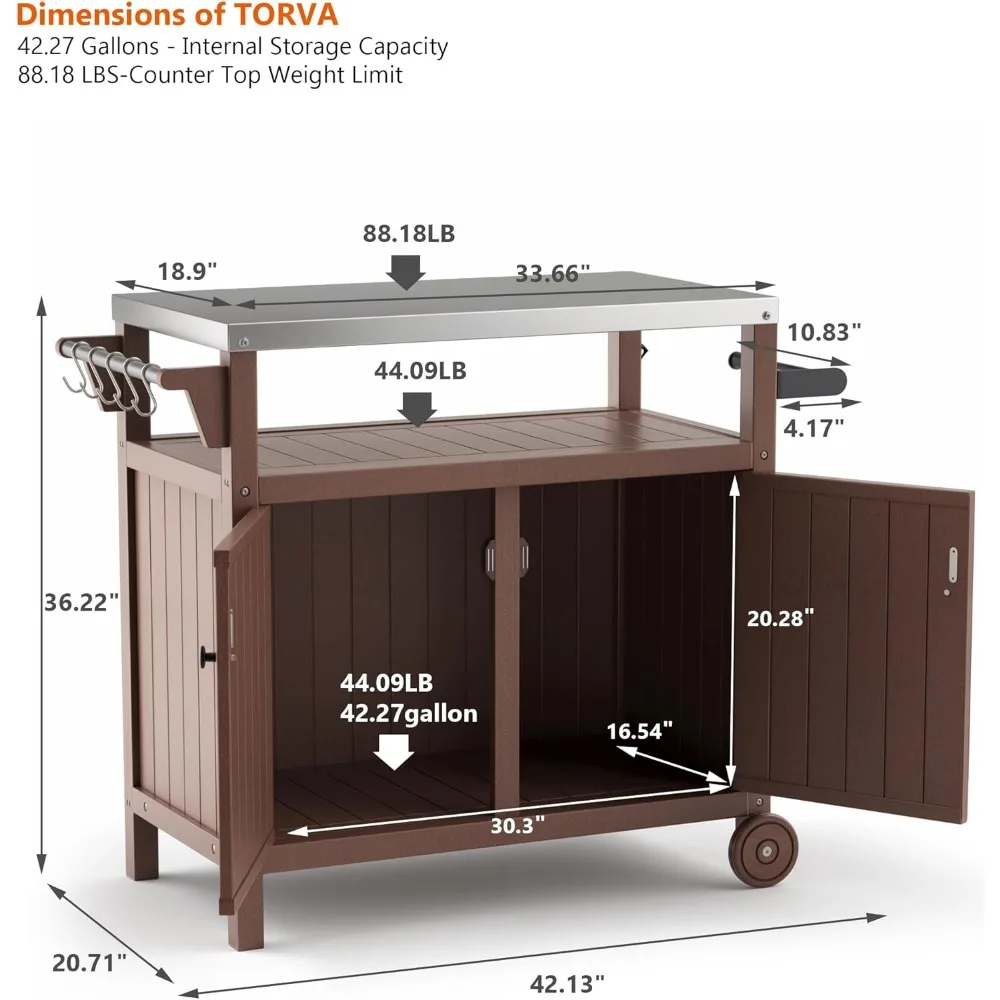 Portable Outdoor Grill Prep Table with Storage, Stainless Steel Tabletop Outdoor Kitchen Island, BBQ Cart with Wheels.