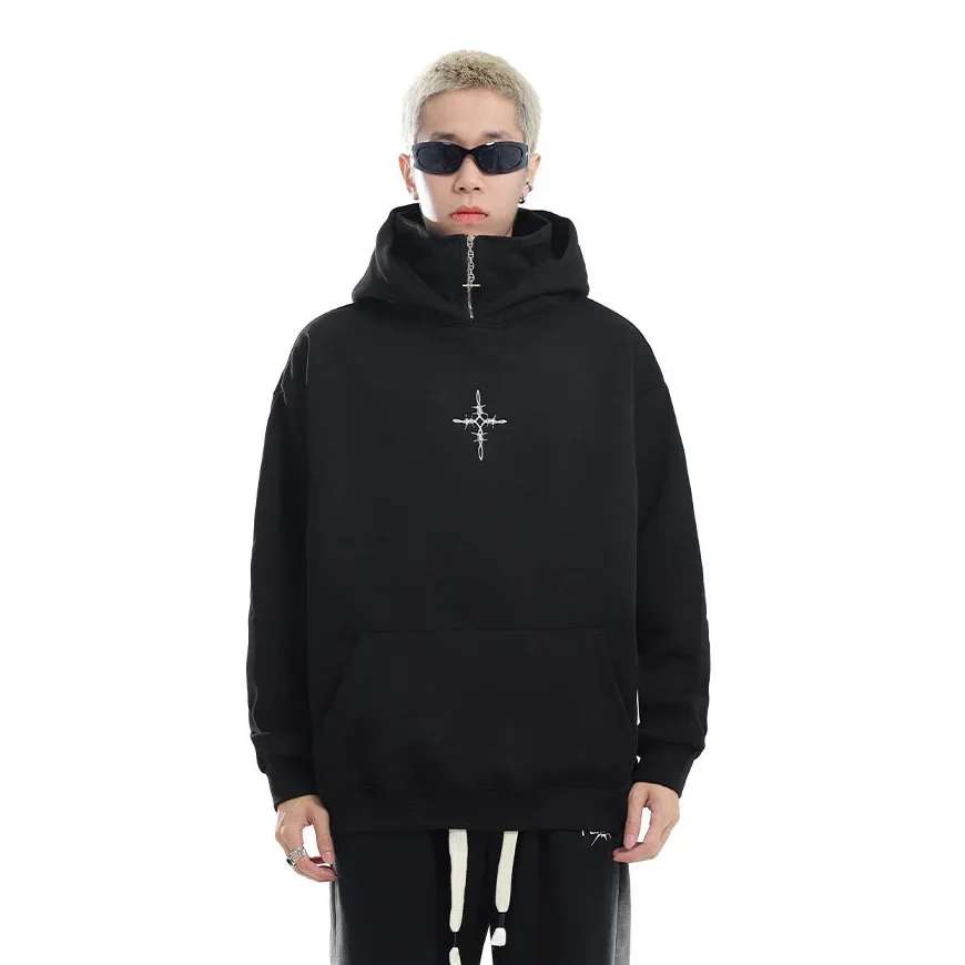 Autumn Winter Men Women Thicken Velvet Cross Embroidery Loose Pullover Hoodies Streetwear Hip Hop Fashion Hooded Sweatshirts