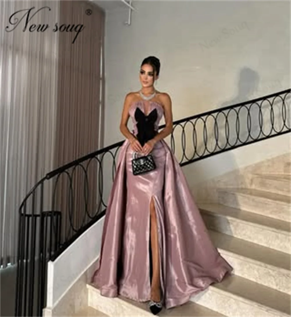 Abiti da sera rosa cipria di alta moda con gonna oversize con fiocco nero senza spalline Abiti per occasioni speciali Abito per festa di nozze personalizzato