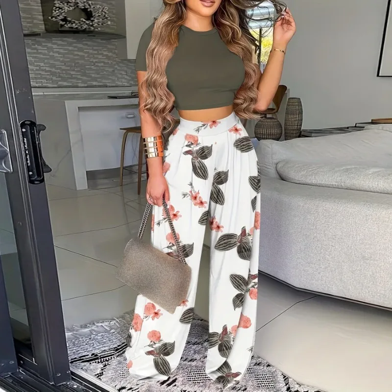 

Новый трансграничный европейский и американский модный повседневный комплект, с новой модной футболкой с принтом, широкими брюками для женщин.