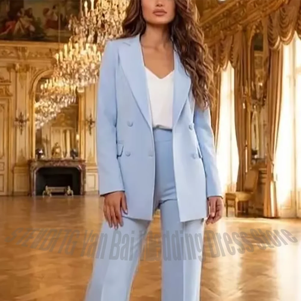 Light Blue Elegant Two Piece Set Women Suit Slim Fit Double Breasted Professional Formal Blazer Outfit Business Work Wear