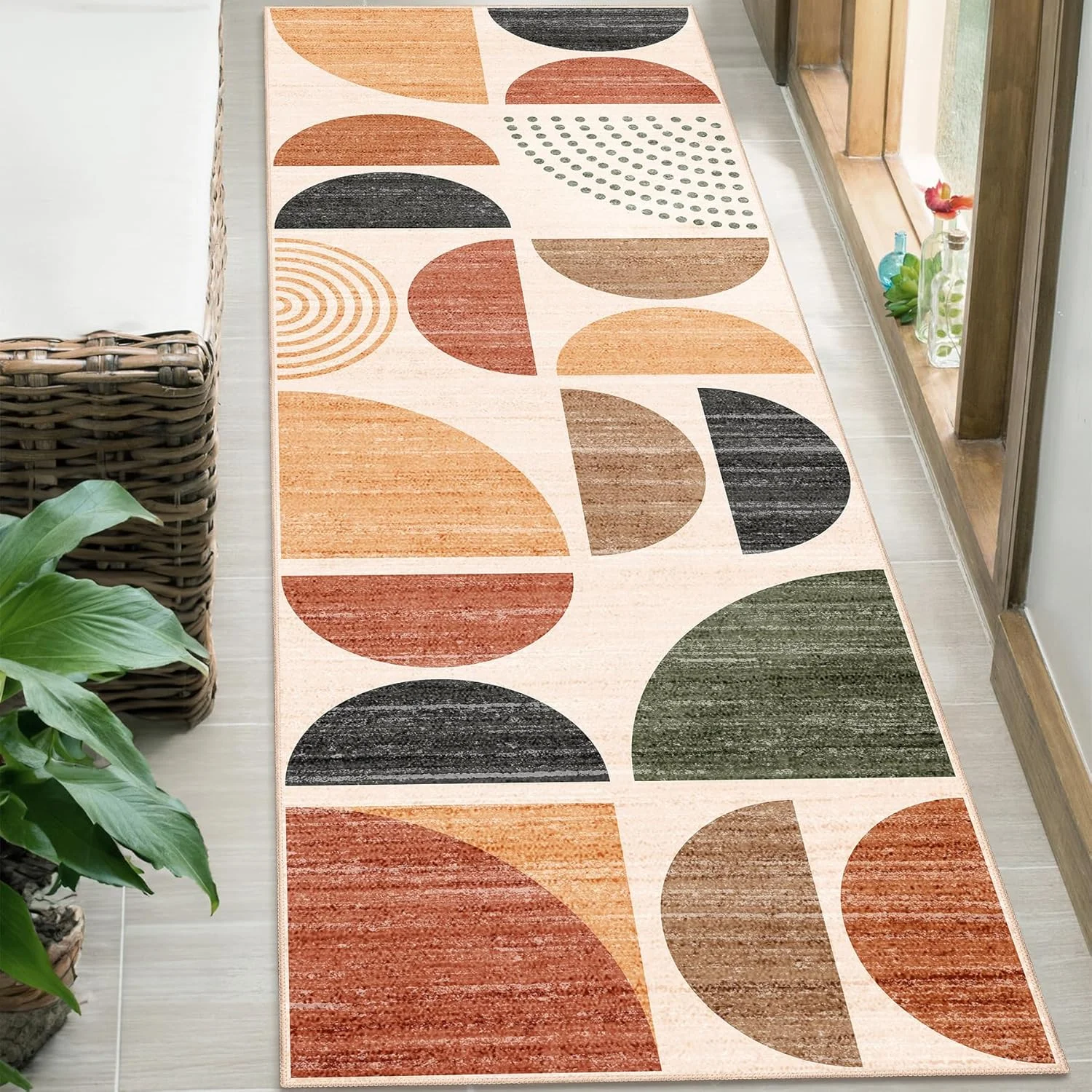 Minimalist Geometric Hallway Rug - Non-Slip Washable Kitchen Runner, Semi-Circle & Stripe Floor Mat for Mid-Century Home Decor