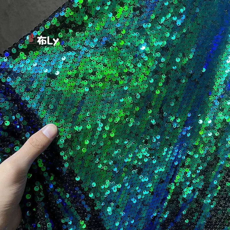 Blue Green Aurora Gradient Starry Sequin Fabric, Unique Creative for Background Decoration, High-End Fashion Design Material