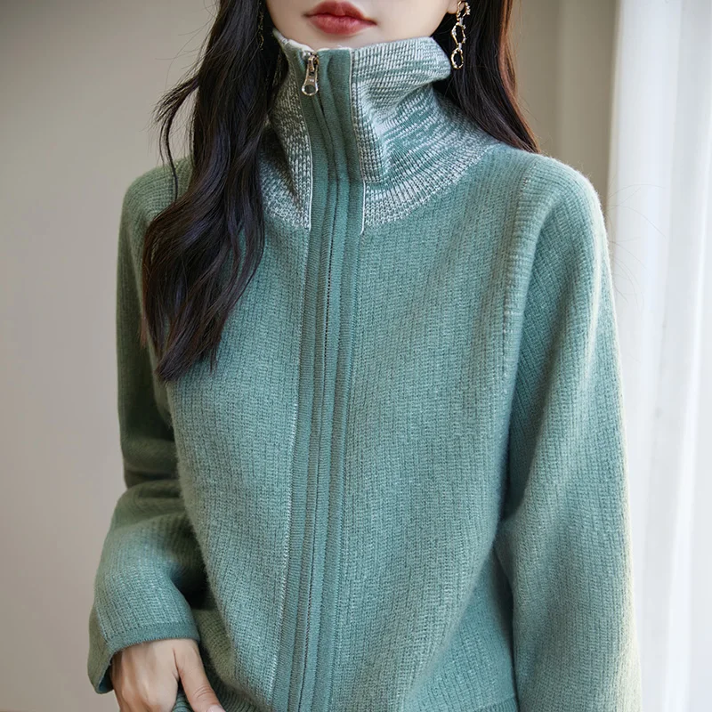 

DjzDsm Autumn And Winter Color Stand Collar Pure Wool CarDigan Women Loose Lazy Knit Zipper Sweater Coat Long Sleeve Top