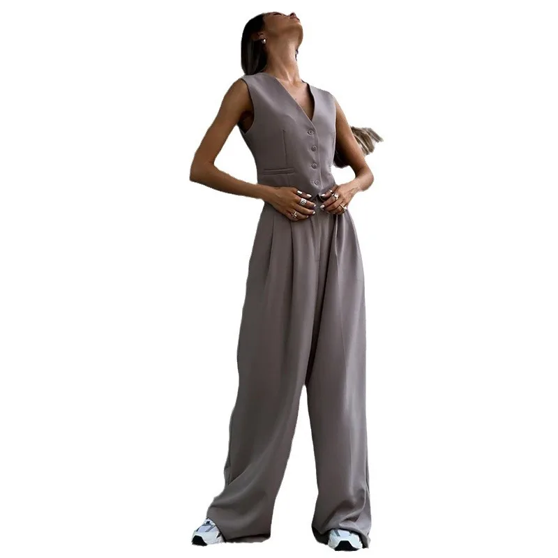Women's Casual Faion Suit Vest Wide Leg Trousers Set Seven Sve  Collar f Zipper Regenerated Cellulose Fiber