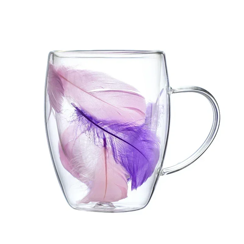 Transparent Feather Double-layer Glass Cup Creative Household Coffee Cup With Handle Heat-resistant And Cold-resistant Glass Cup