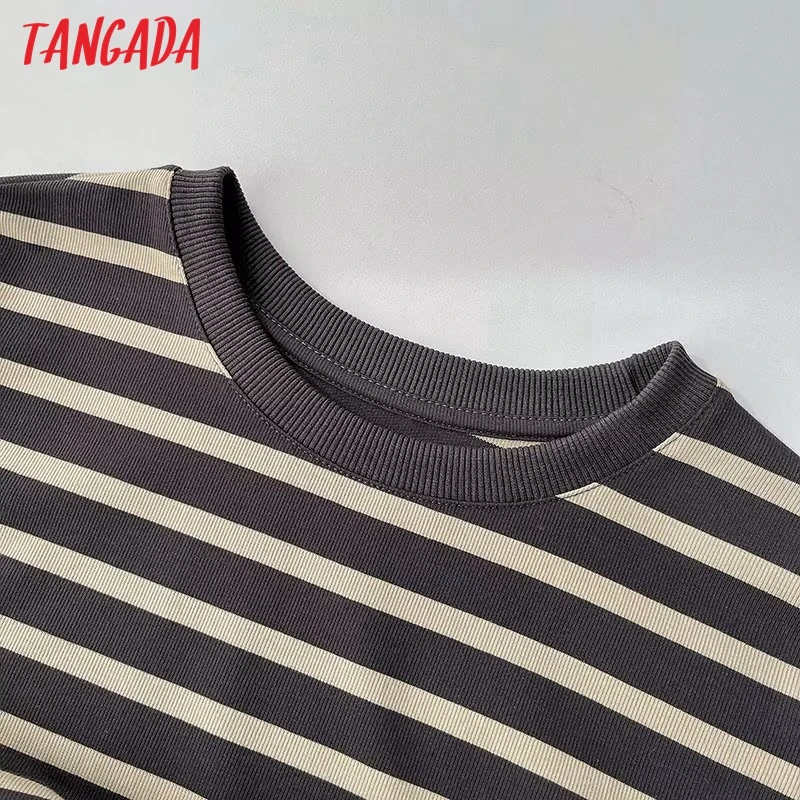 Tangada 2023 Women Loose Striped Sweatshirt Dress Loose Short Sleeve Ladies Midi Dress XLJ184