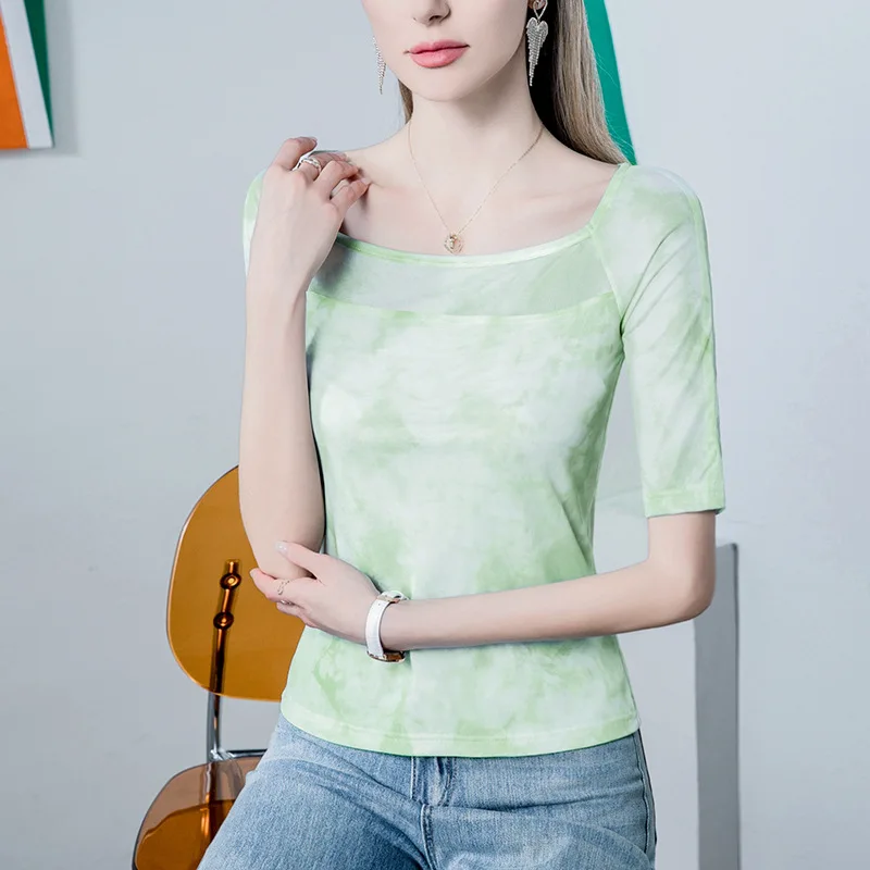 Boweylun Tie-dye Printed Square Neck Mesh Sleeve T-Shirt Women Summer Sexy Leakage Collarbone Middle Sleeve Tops Female