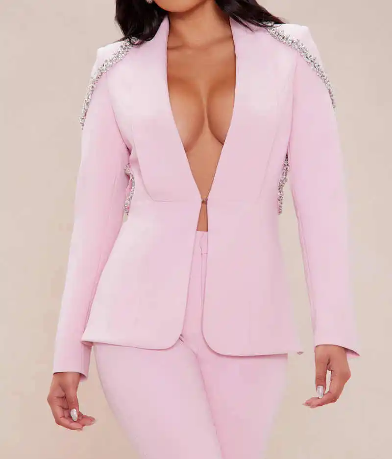 2 Pieces Candy Color Women Fashion Pants Suits Customized Crystal Beading Formal Lady Slim Fit Wear Party Blazer Graduation Cere