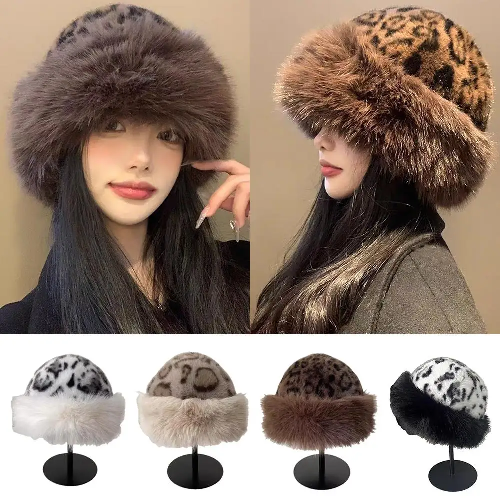 Winter Thick Soft Warm Hat Plush Cap Leopard Print Basin Hat Bucket Hats Windproof Ear Protection Lady Fisherman Cap Panama Hat