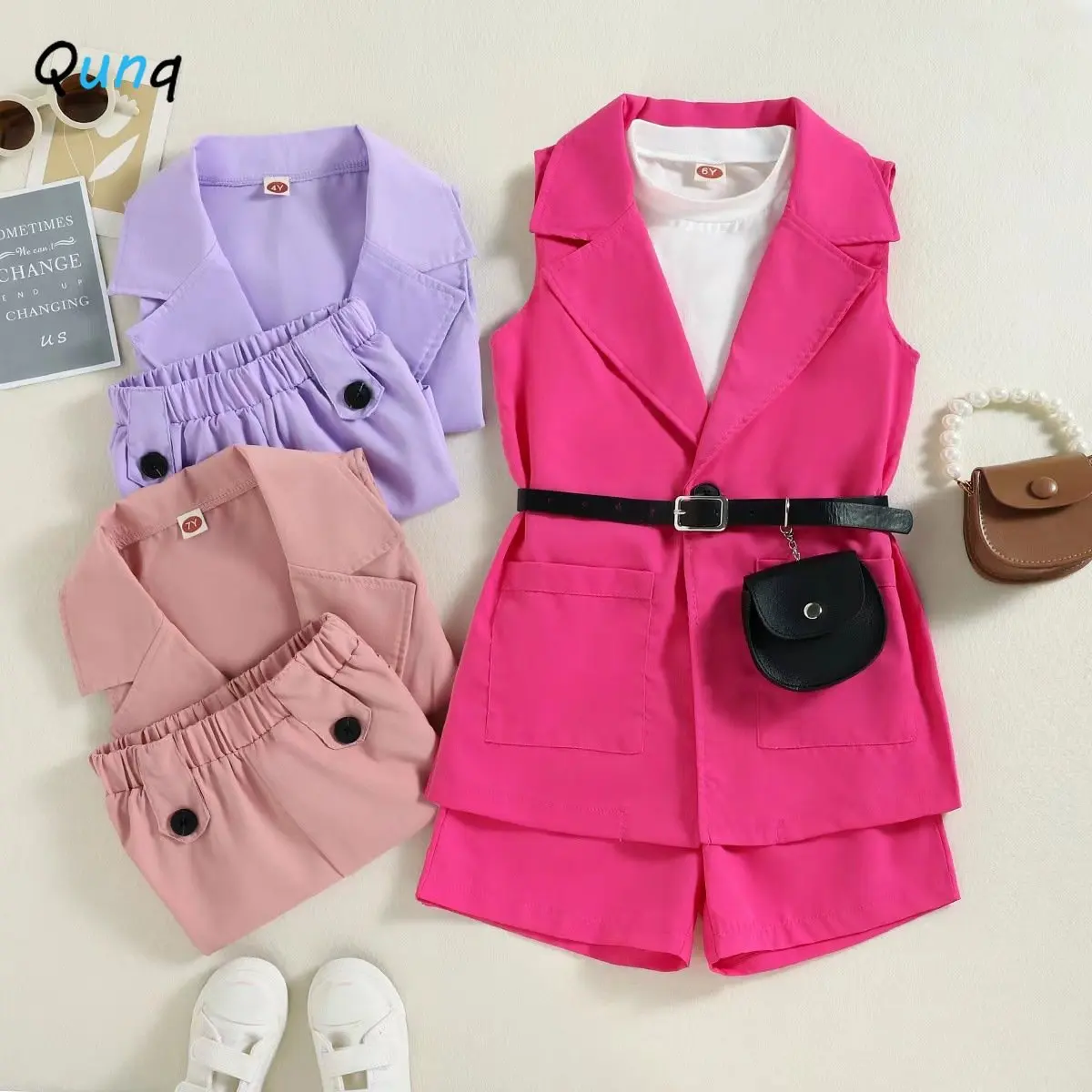 

Qunq 2023 Summer New Girls Sleeveless Lapel Coat And O Neck Vest Top+Shorts With Belt 4 Pieces Set Casual Kids Clothes Age 3T-8T