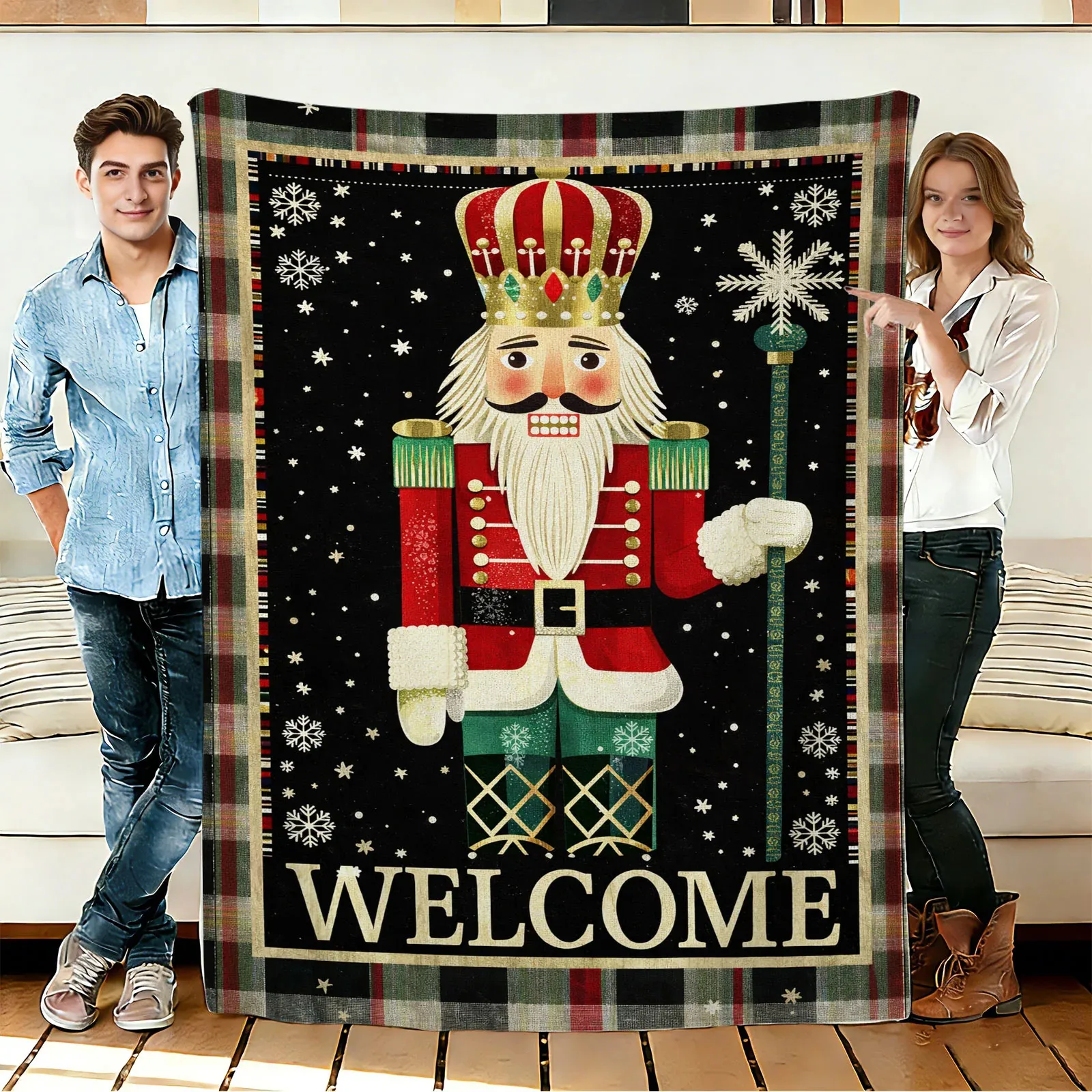 Christmas Nutcracker Snowflake Plaid Border Welcome Text Flannel Blanket Soft Cozy Throw for Sofa Bed Living Room Decor