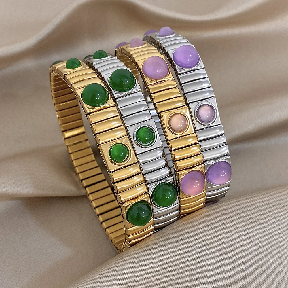 Greatera Classic Purple/Green Rhinestone Semi-circular Elastic Bracelets Arc Surfaces Arranged Intervals Original Design Bangle