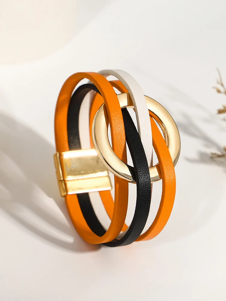 ALLYES Fashion Hollow Circle Wrap Leather Bracelet for Women Men Gothic Multilayer Orange Black Halloween Bracelet Party Jewelry