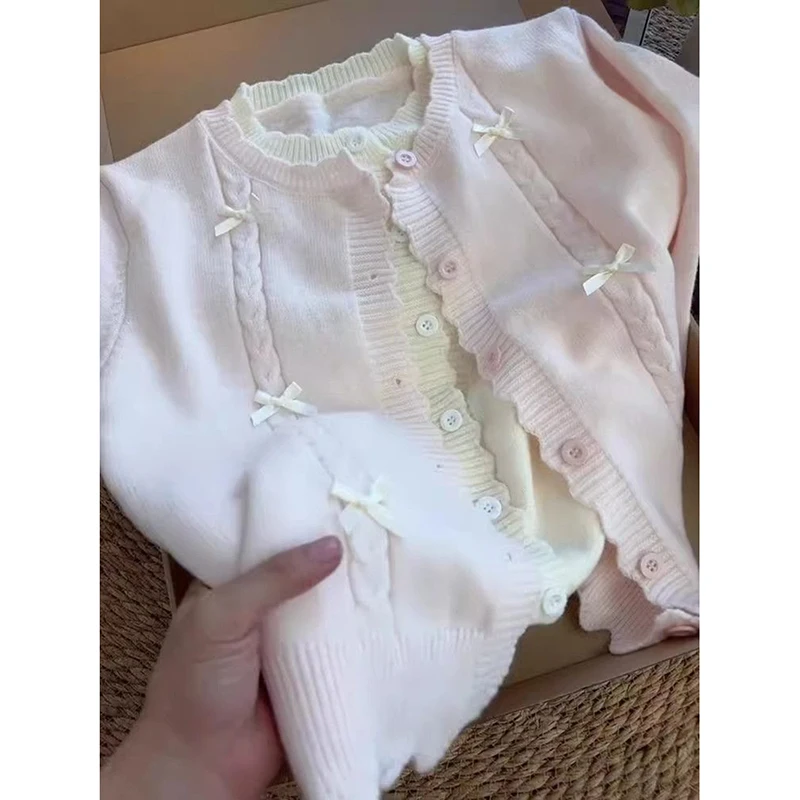 Women Colorblock Knit Cardigan Scalloped Trim Ribbon Bow Sweater Sweet Cute Long Sleeve Round Neck Kawaii Top