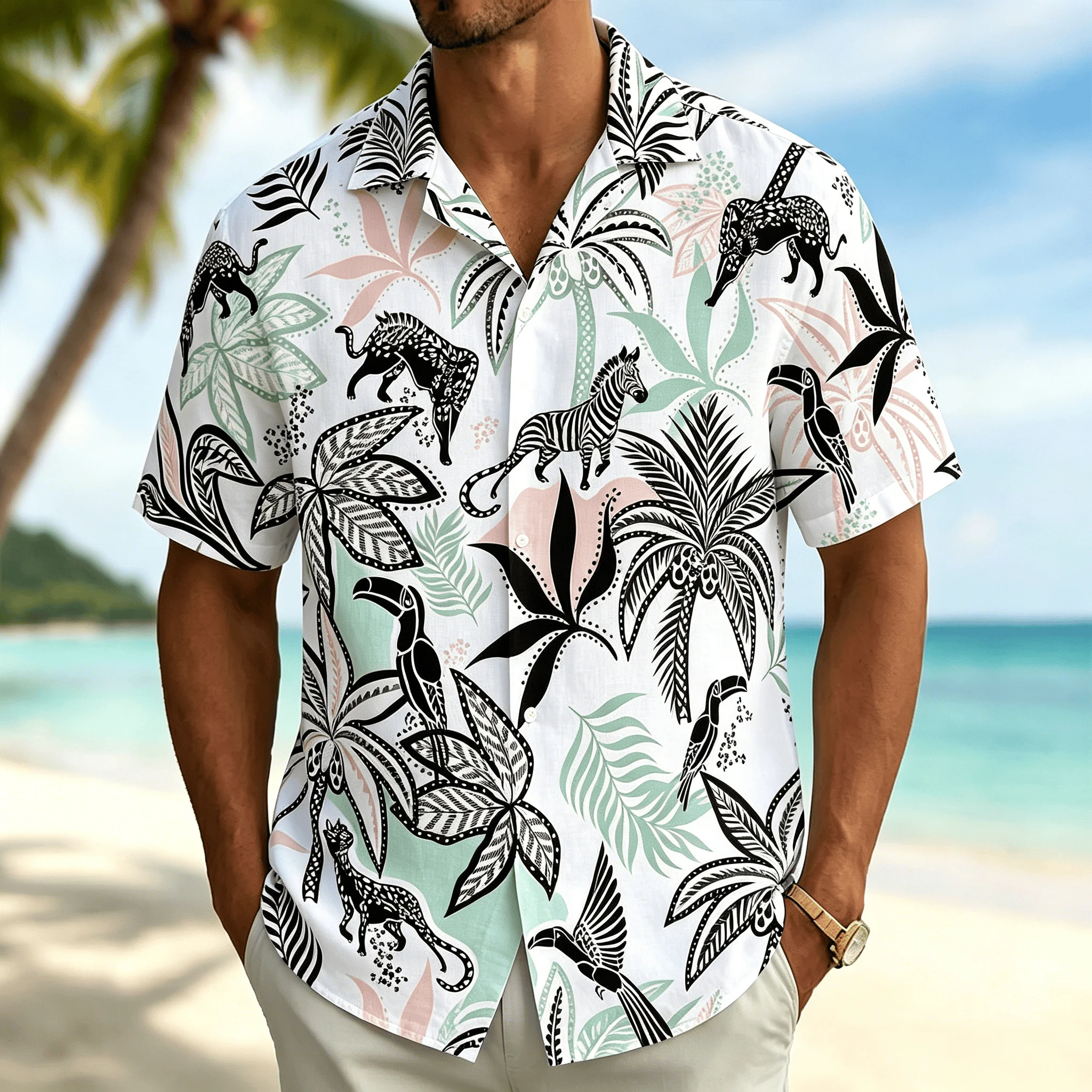 

Men's White Tribal Safari Animal Print Short Sleeve Shirt, Casual Hawaiian Button Down with Palm Leaves for Spring & Summer