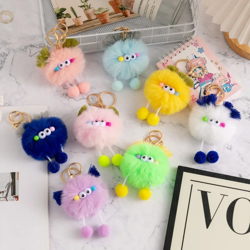 Kawaii Animal Pompom Keychain Cute Plush Big Eyes Doll Pendant with Key Ring Purse Bag Backpack Charm Decor Women Girls Gifts