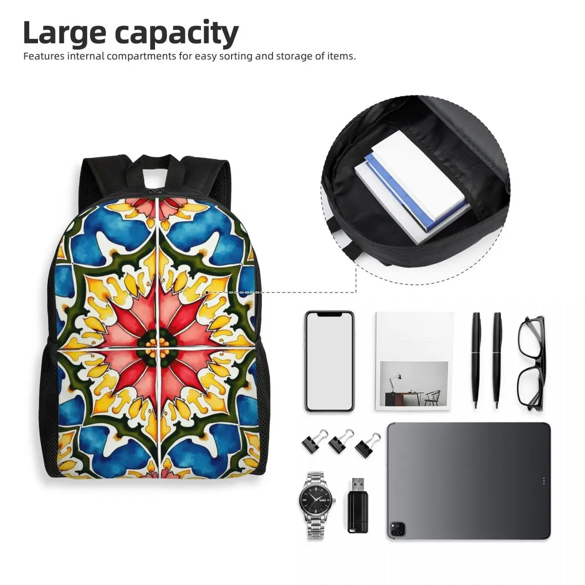 Mediterranean,colorful,vibrant,mosaic Tiles Art 1 Backpack Student Boys Girls BookBag School Bag Laptop Shoulder Bags
