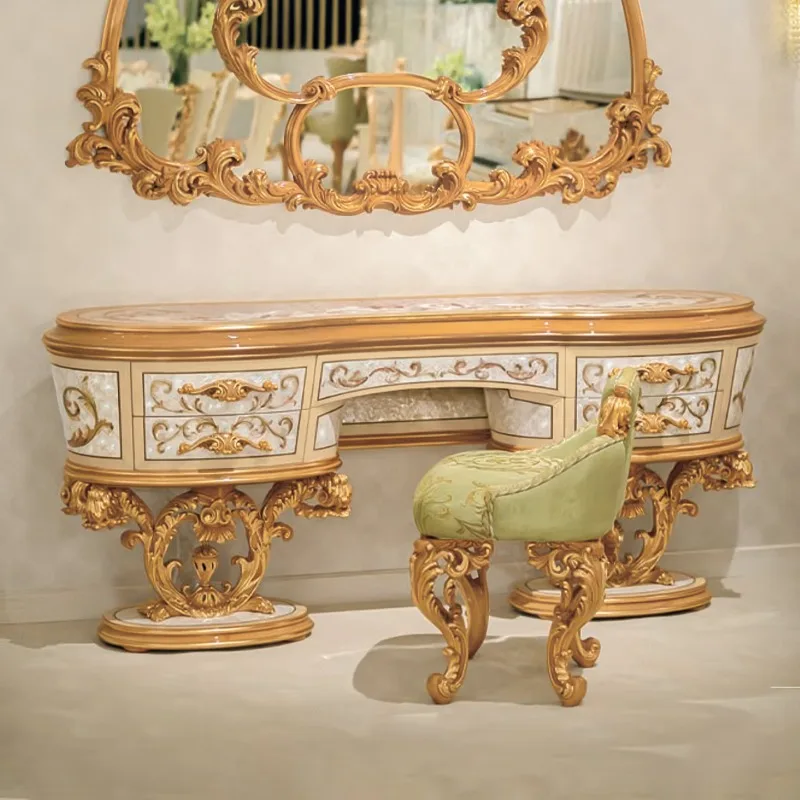 French Luxury Dresser Solid Wood Makeup Mirror European Villa Mansion Bedroom Furniture Dressing Stool, Dressing Table