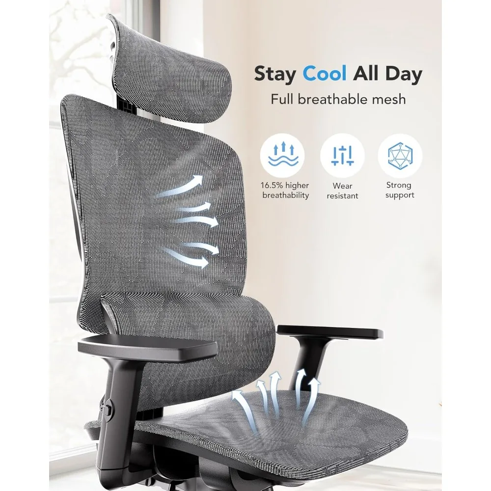 Ergonomic Mesh Chair for Office with 5-Level Lumbar Support, Adjustable Headrest and Armrests, and Rocking Tilt Function
