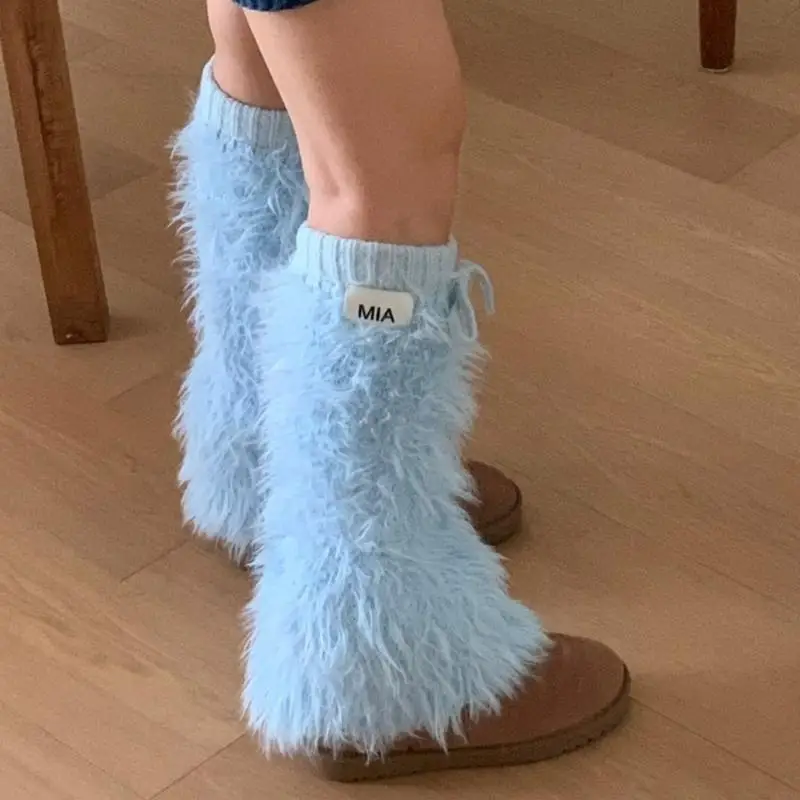 

Y3ne Женщины Harajuku Y2K Девочка для девушки шнурки пушистые ноги теплые шлифовки нечеткие плюшевые леггинсы.