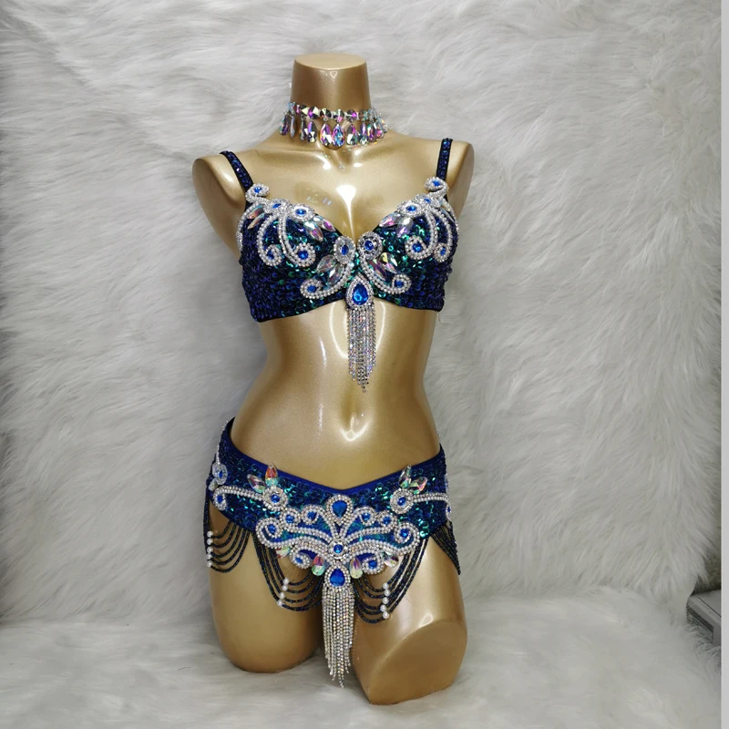 Costumi per spettacoli di danza del ventre Reggiseno + cintura 2 pezzi Cintura a catena fatta a mano sexy per le donne Performance Carnevale Strip Dance Outfit
