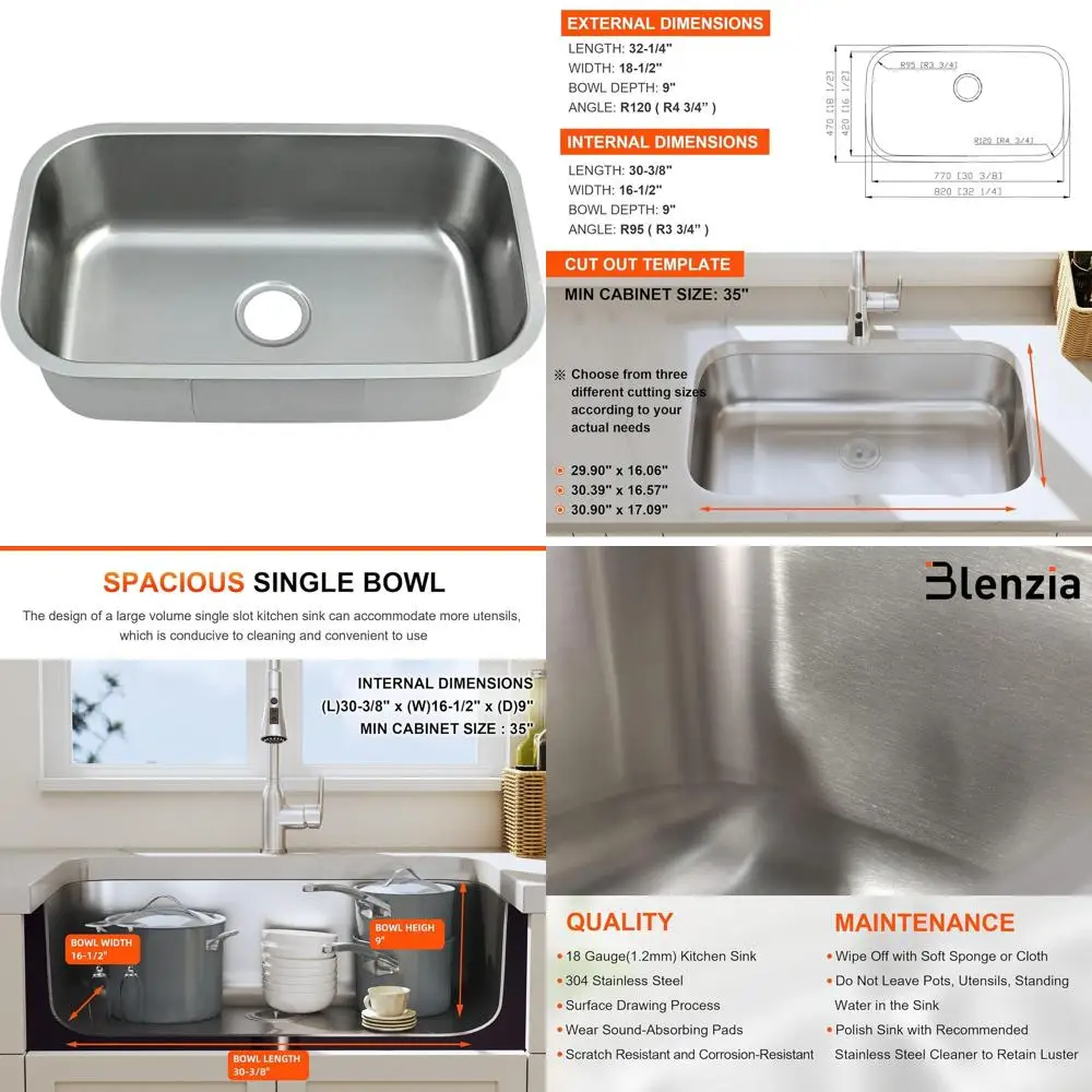

32-дюймовая кухонная мойка из нержавеющей стали с изогнутым краем, одинарная чаша, коммерческого класса, 18-го калибра, матовая отделка