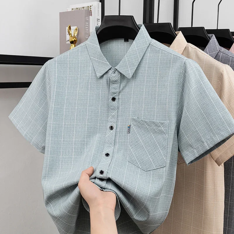 Mens Lightweight Plaid Short Sleeve Shirt Soft Fabric Casual Tops With Chest Pocket For Men Daily Use