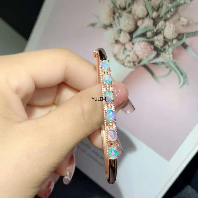 YULEM 100% Real 925 Sterling Silver 4*6 Natural Opal Bangle for Women Original Charms Bangle Jewelry