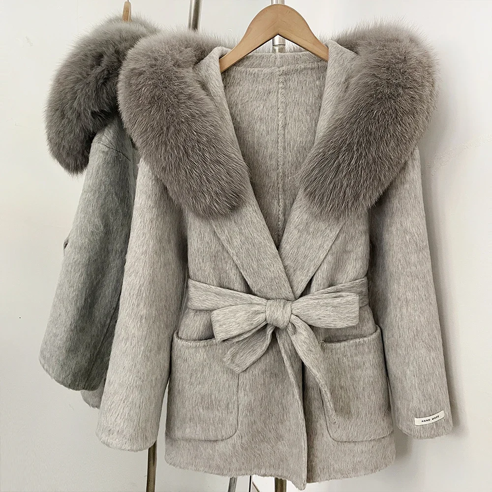 OFTBUY Winter Warme Dicke Wollbekleidung Luxuriöser Taillierter Damen-Wollmantel mit Gürtel und Echtem Pelzkragen Kapuzen-Wollmantel für Damen – Detail 22