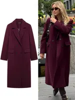 HH Women Fashion Burgundy Coat Double Breasted Long Sleeve Lapel Blends Jacket Autumn Winter High Street Outerwear