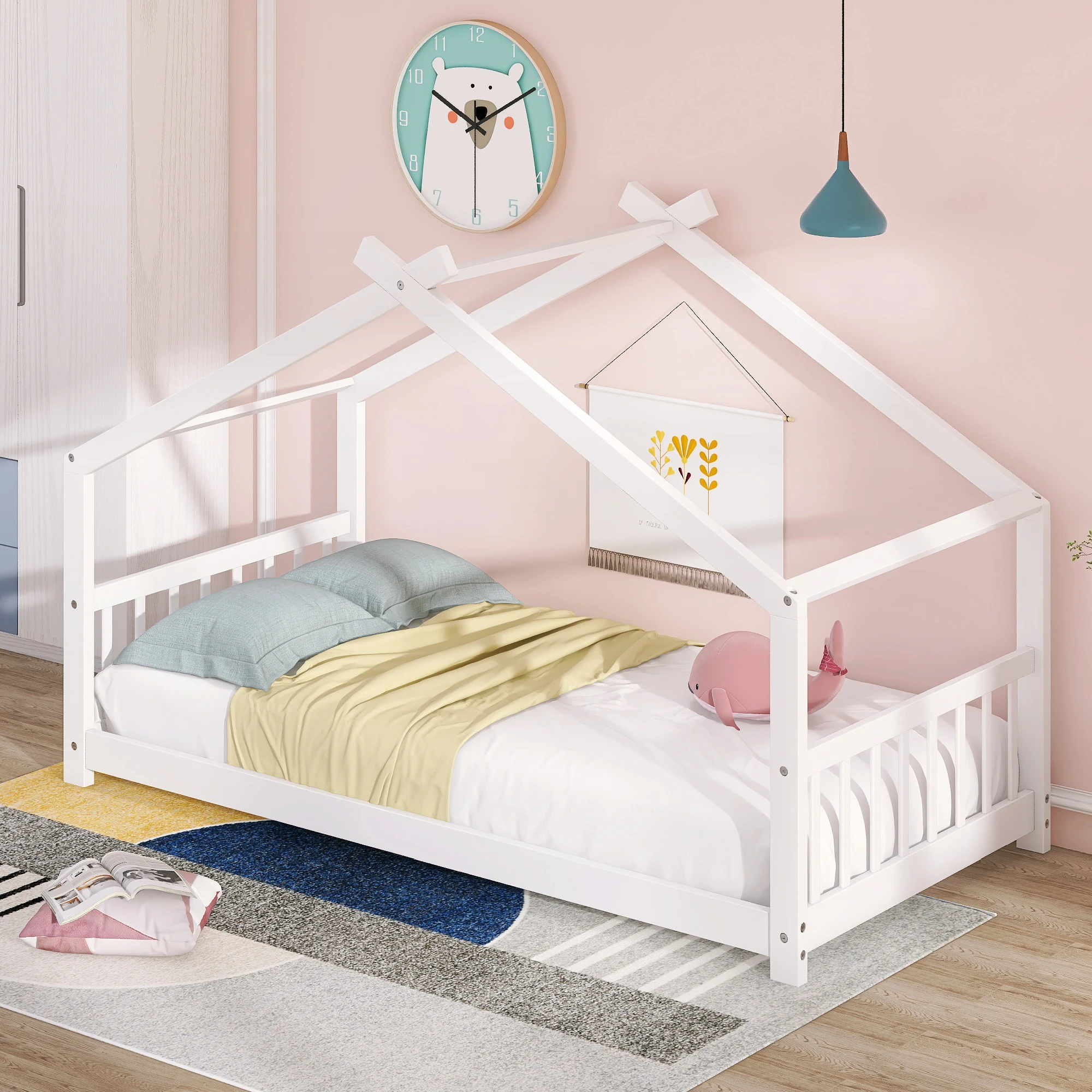 White Twin Size House Bed with Two Drawers, Wood Bed Frame for Kids Bedroom Furniture