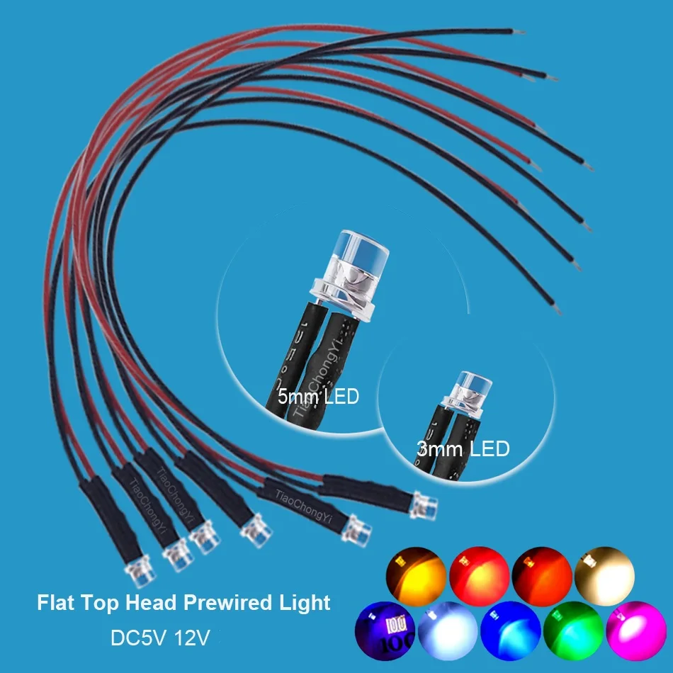 

10pcs 3mm 5mm Flat LED DC 5V-12V Pre-Wired Water Clear Leds Red Yellow Blue Green White Orange Pink UV Light Lamp Bulb