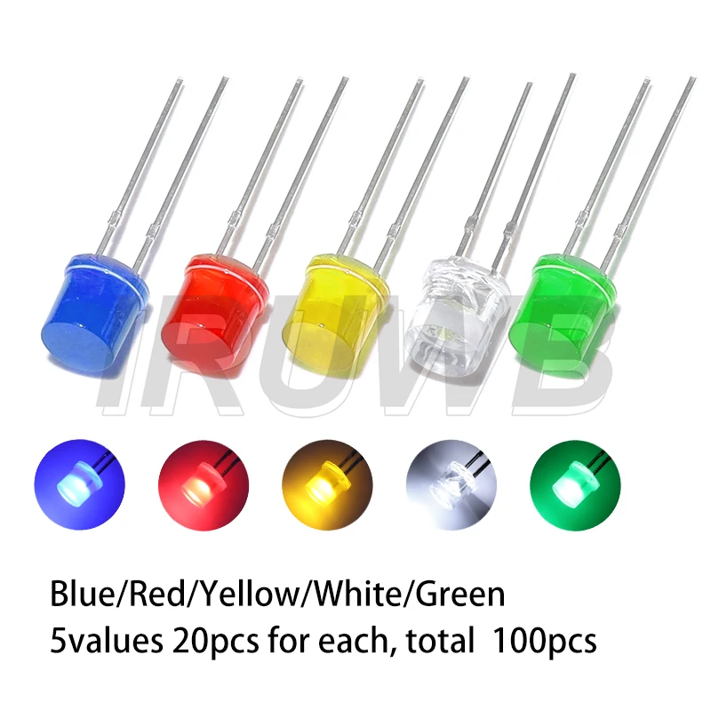 100PCS F5 LED Lights Diode Assortment Set 5MM LED Lighting Diodes Flat-Top LED Diode Red Yellow Blue Green White