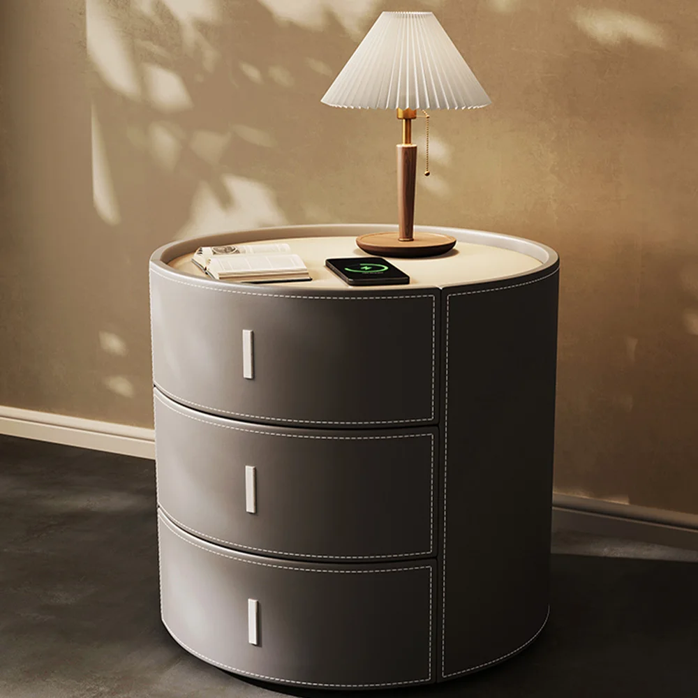 Modern Bedroom Round Design Saddle Leather Bedside Table Luxury Side Table Bedroom Furniture