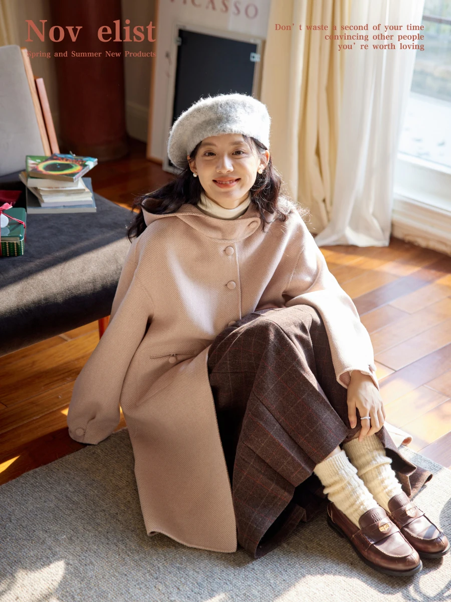 

Двустороннее шерстяное пальто Novet Eleven с капюшоном, средней длины, винтажное, для повседневной носки, женское модное пальто из смесовой шерсти