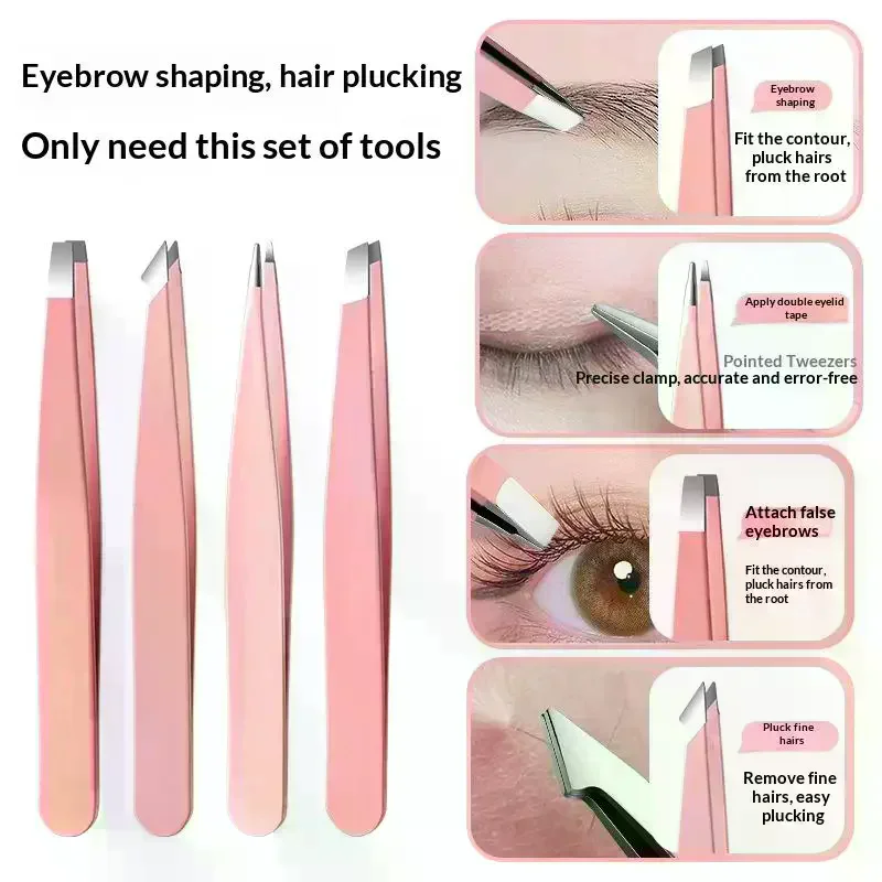 Colorful Stainless Steel 4 Pcs Tweezer Set For Women And Men's Eyebrows & Eyelashes Comes With Storage Bag