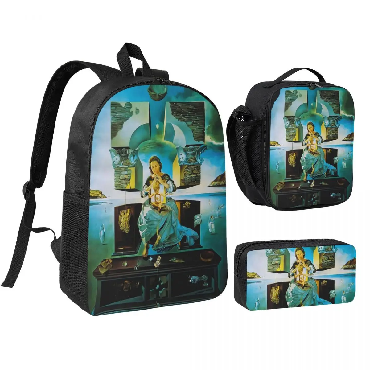 

Salvador Dali Gala Paint Backpack Boys Girls BookBag School Bag Shoulder Bags 3ps Insulated Lunch Bag Pencil Case