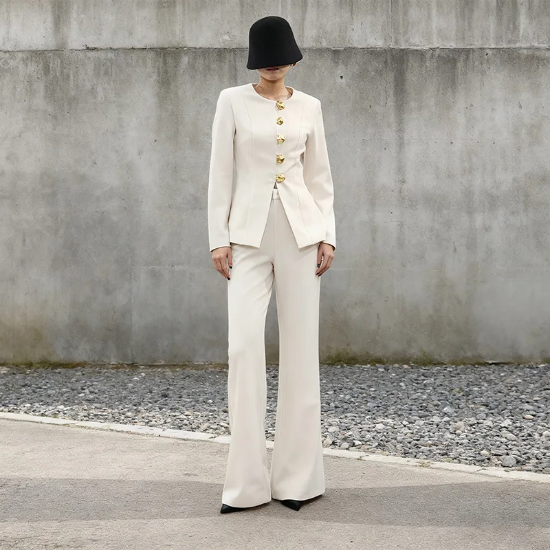HKSH Women Suit French Style Solid Color High-End Waist-cinching Single Breasted O-Neck Blazer Elegant Chic Simple Pants HK24172