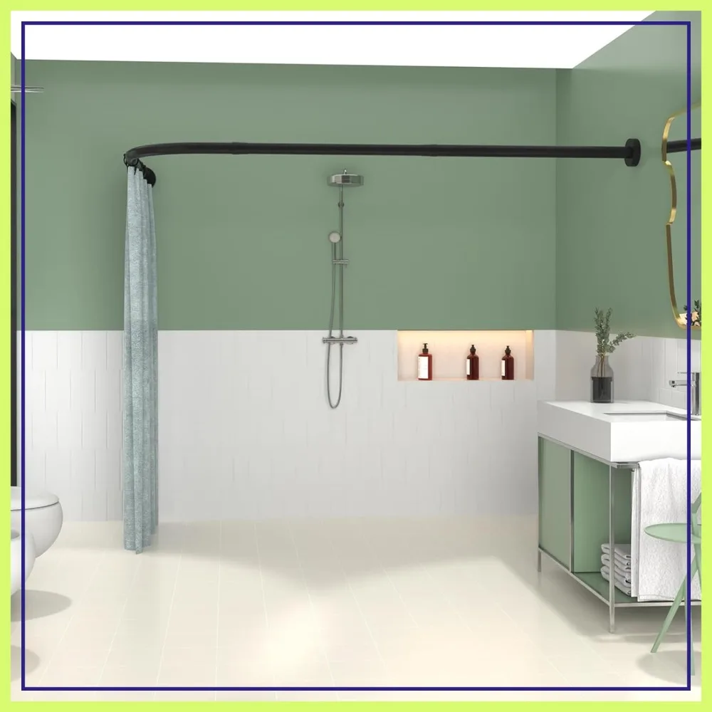 

L Shaped Shower Curtain Rod, 28-39 x 43-67 Inch Curved, Adjustable, Stainless Steel with 18 Hooks for Bathroom Tub