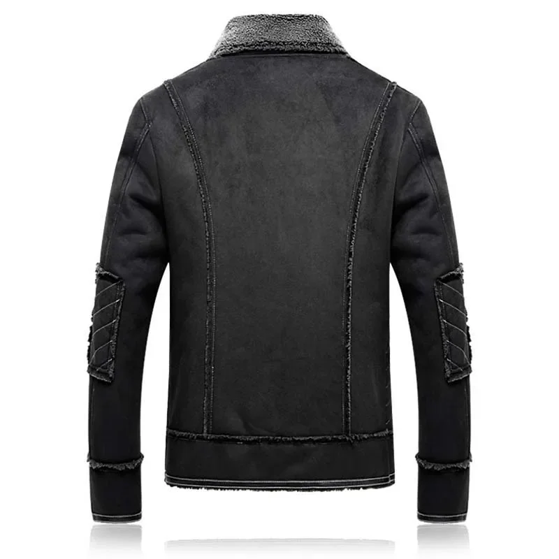 M-5XL Men Suede Leather Jacket Turn-down Collar Coat Winter Warm Outwear Pockets Black Plus Size Clothing