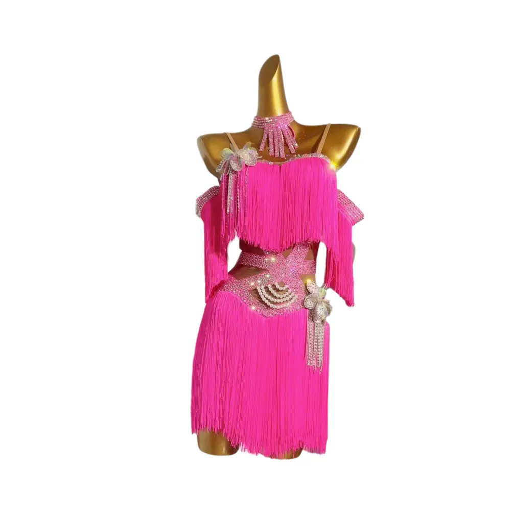 Latin Dance Stage Women's High-end Customized Colorful Three-dimensional Flower Samba Art Rhinestone Performance Clothing Dress