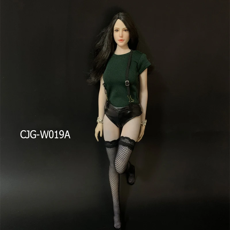 CJG-W019 Женская футболка с круглым вырезом в масштабе 1/6, кожаные шорты, носки, комплект одежды, модель для экшн-фигурки 12 дюймов, тело
