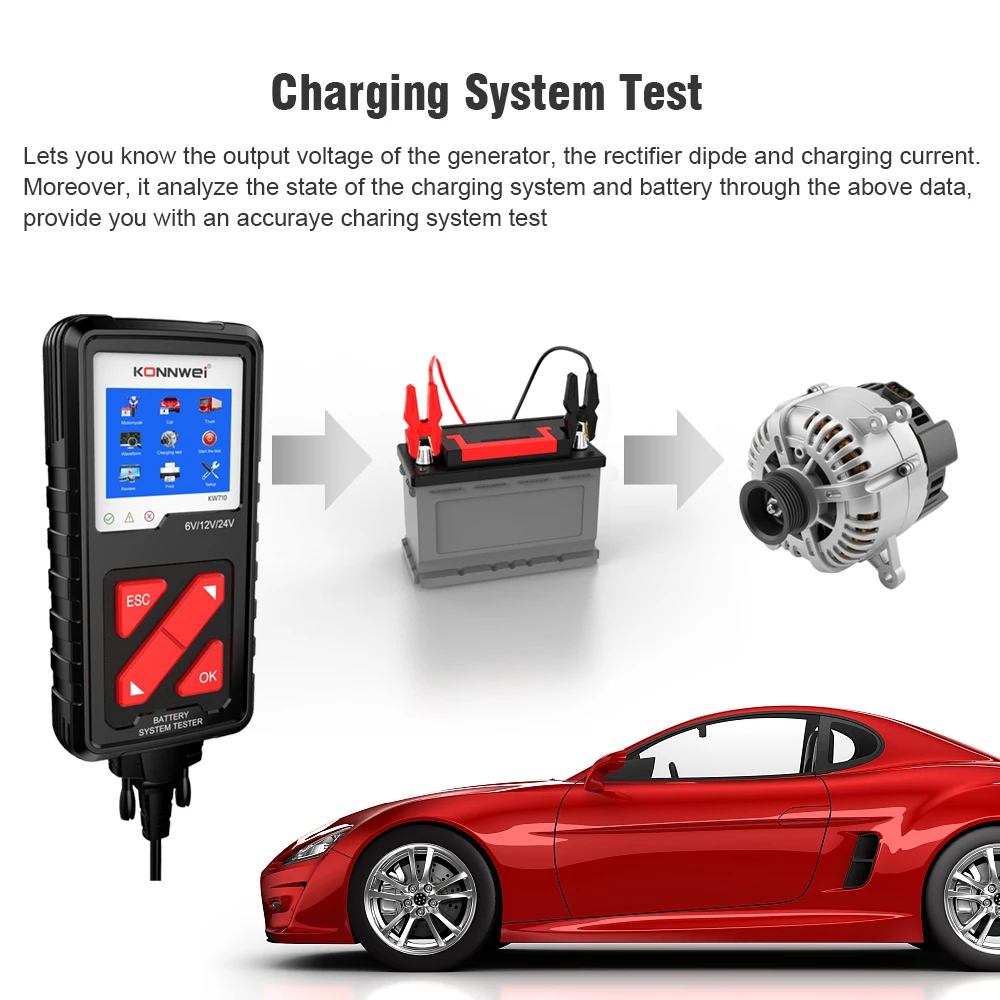 Probador de batería de plomo-ácido para coche, compatible con probador de carga de batería de 6V/12V/24V, herramienta de diagnóstico de carga de coche en línea imprimible actualizable