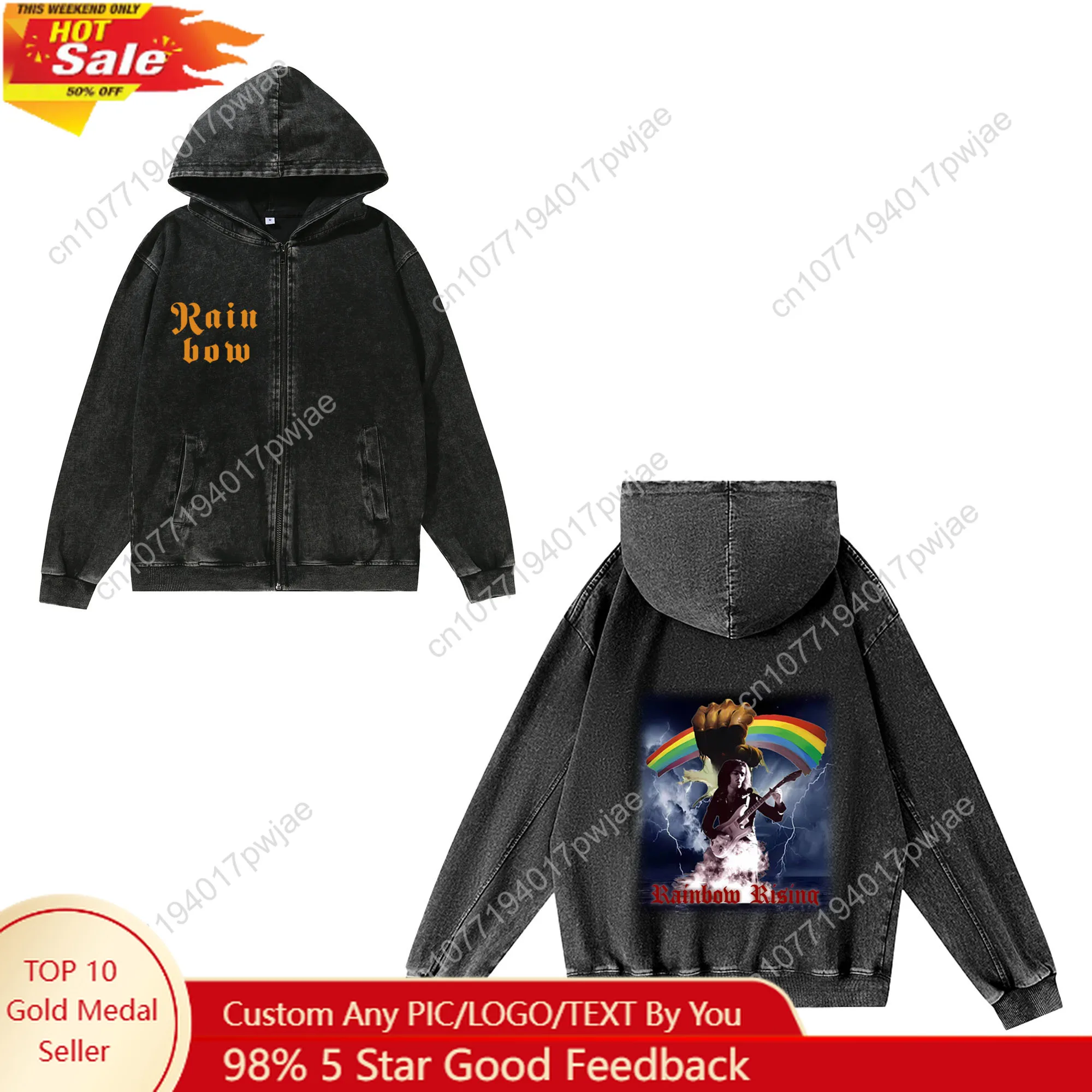 

Rainbow Rising Rock Band Zipper Sweatshirt Man Woman Vintage Hoodies Sweat Shirt With Pocket Full Zip Customized Jacket Tops