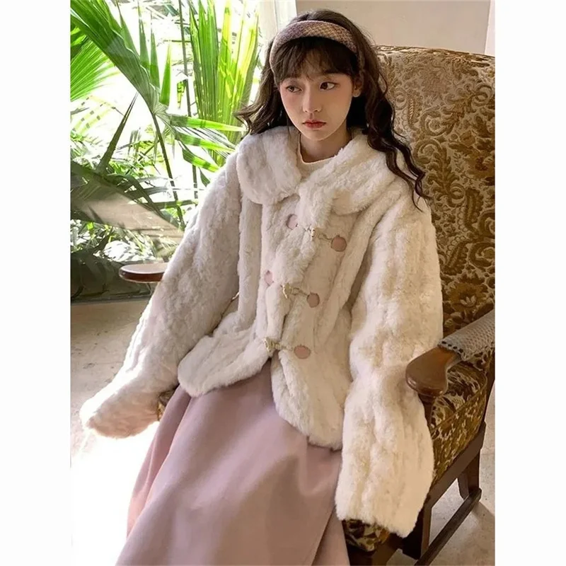 Japanese Sweet Girl Style Doll Neck Plush Autumn and Winter Thickened Warm Loose Set Environmental Friendly Short Coat for Women