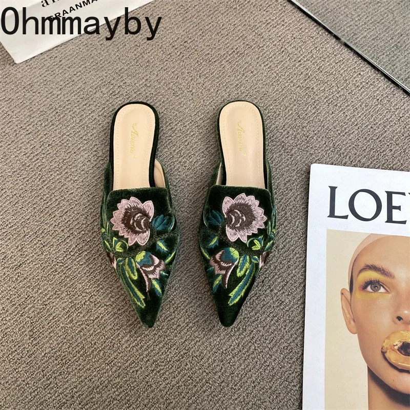 2024 Summers Embroidery Women Mules Slippers Luxury Fashion Elegant Pointed Toe Slides Shoes Ladies Dress Flats Sandalias