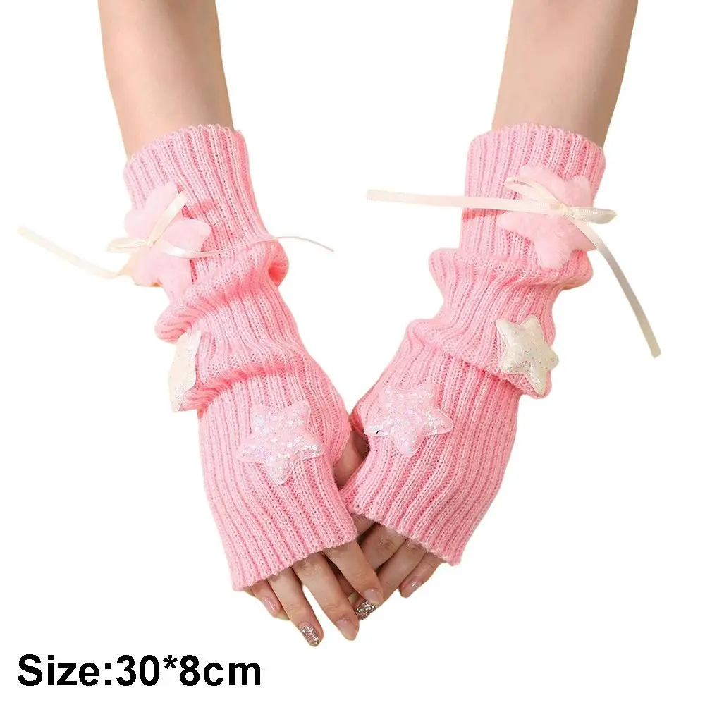 New Y2K Long Wrist Gloves Thicken Stars Arm Warmers Solid Color Soft Half Finger Gloves Women