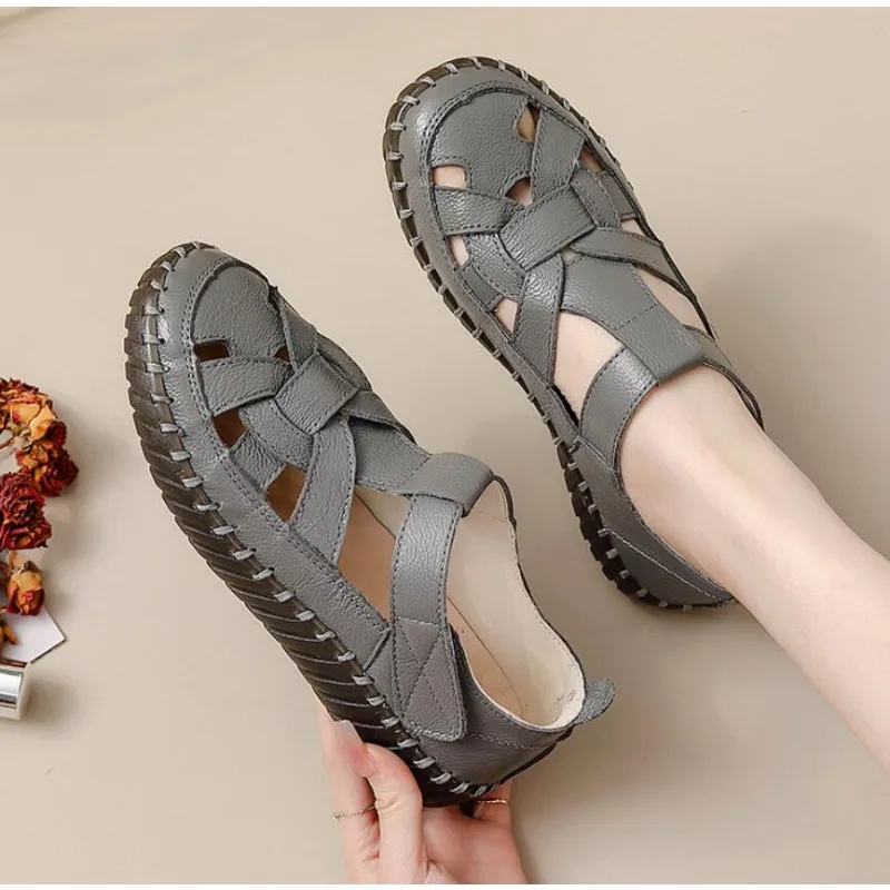 Cowhide Mom Sandals Women's Summer Non Slip Soft Soled Genuine Leather Women's Shoes Comfortable Flat Bottom Large Size 43